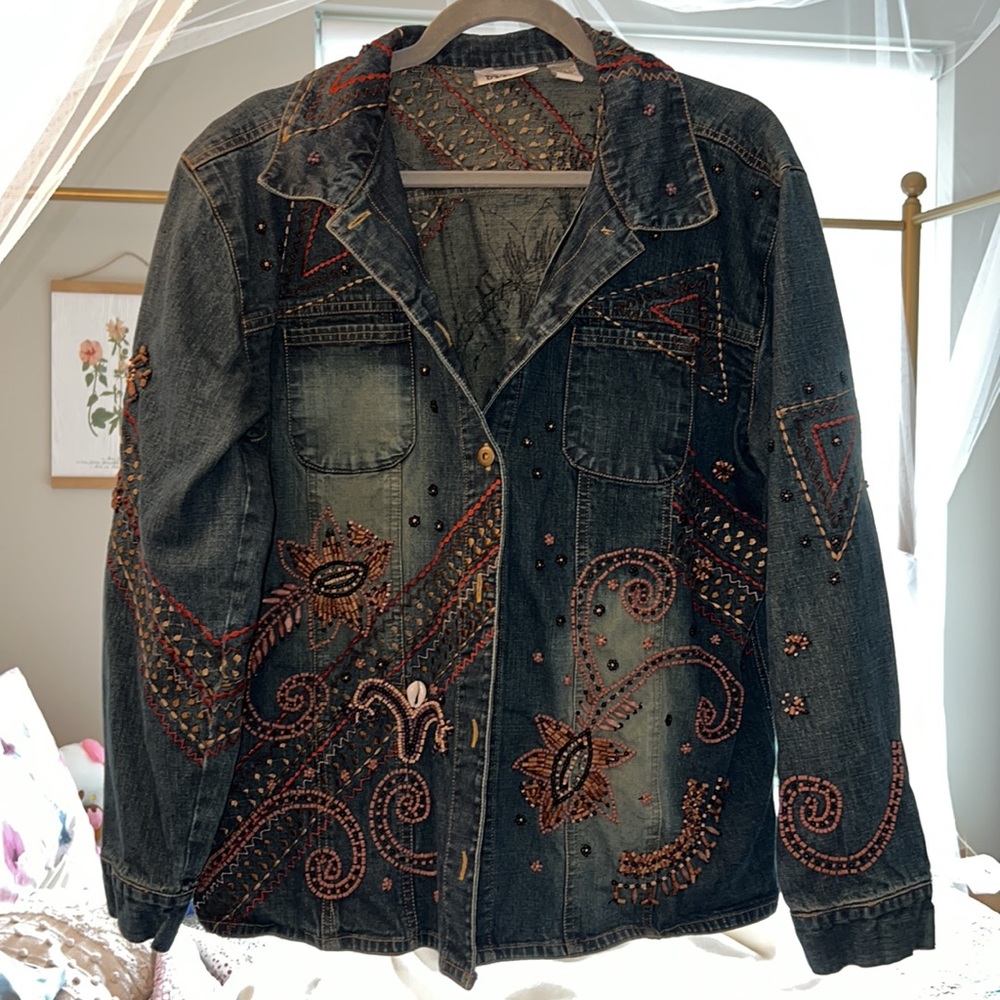 Beaded and embroidered denim jacket